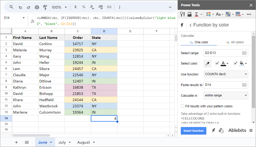 Count and sum values by their color.