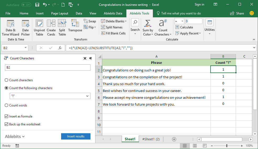 Insert a formula to count specific symbols