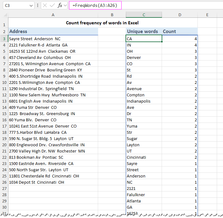 Count frequency of words in Excel using a custom function.