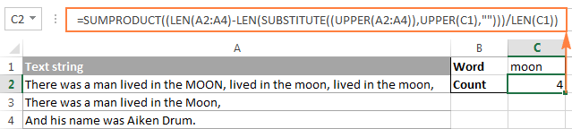 Case-insensitive formula to count specific words in a range