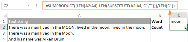 Case-sensitive formula to count specific words in a range