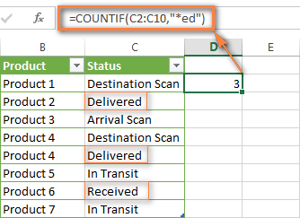 Excel COUNTIF formula to count cells that end with certain text.