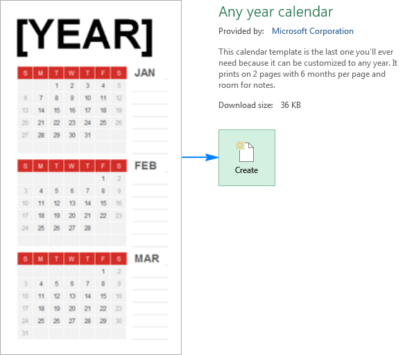 To make a calendar based on a template, click on it, and then click Create.