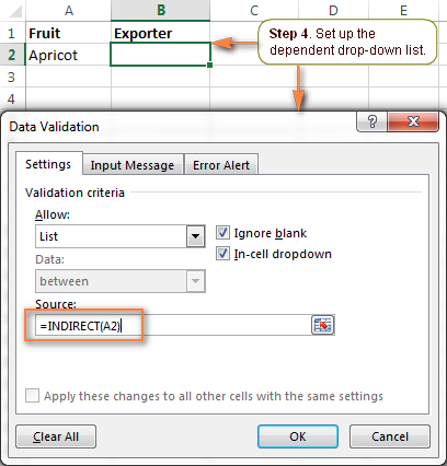 Set up the dependent drop-down list.