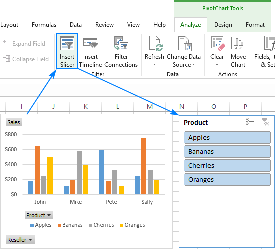 Inserting a slicer for a pivot able chart in Excel