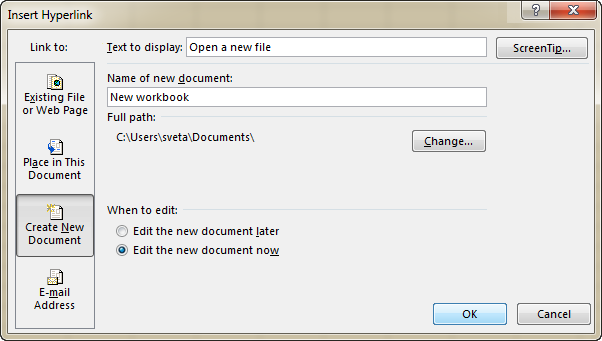 Insert a hyperlink to open a new workbook