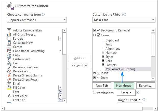 Creating a custom ribbon group