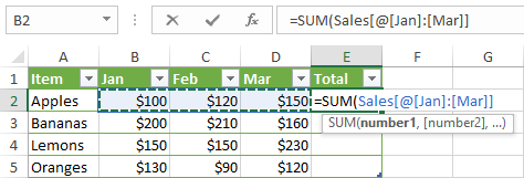 Creating a structured reference in Excel