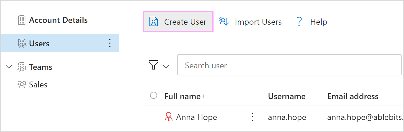 Here is the Create User button.