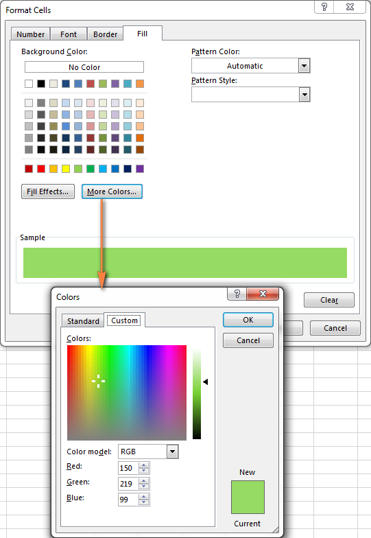 Switch between the Font, Border and Fill tab and set up your custom format.