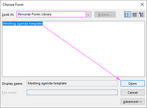 Using custom form meeting template in Outlook