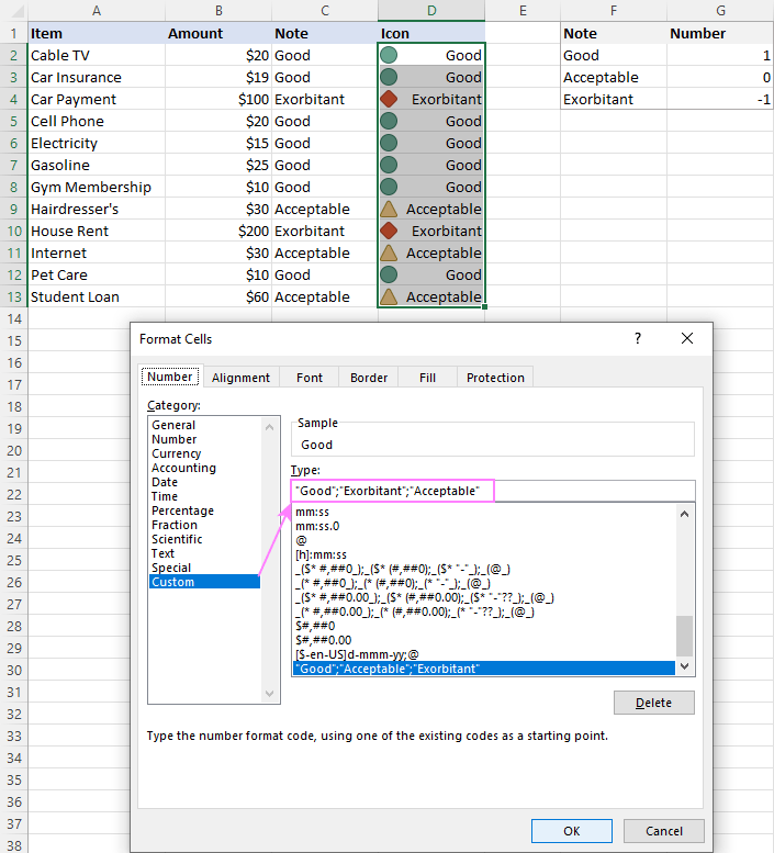 Apply a custom format for positive numbers, negative numbers, and zeros.