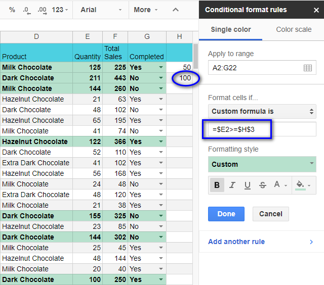 Refer to the cells with conditions in custom formatting rules