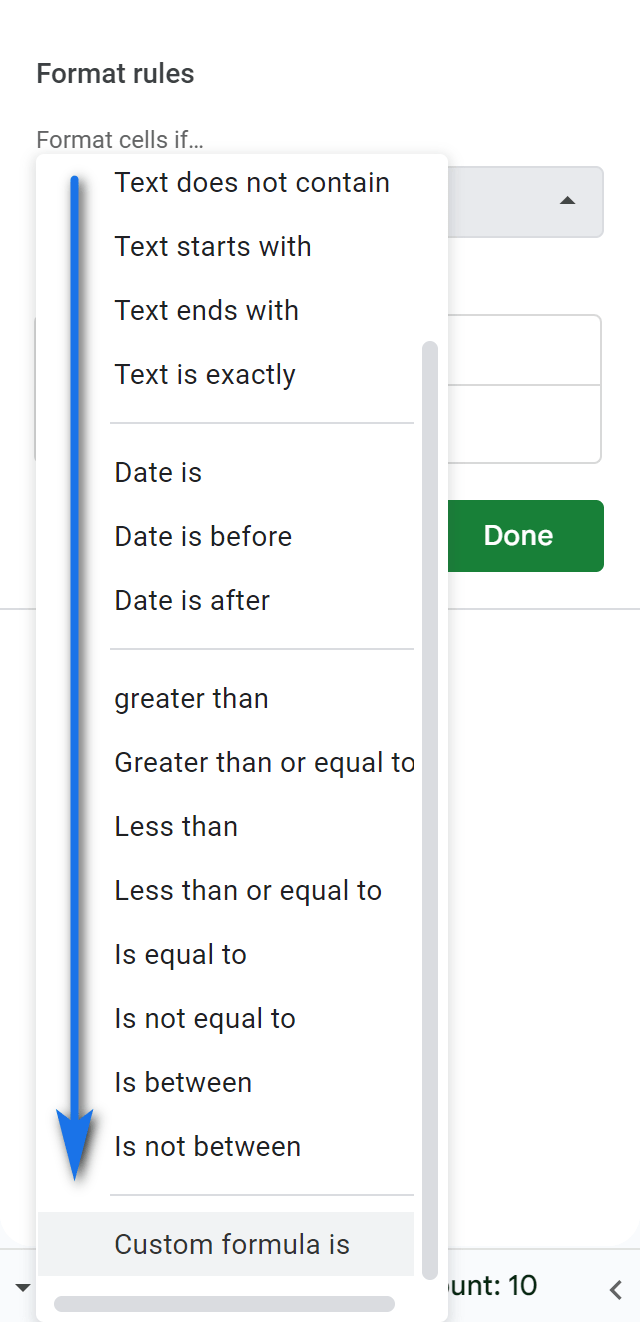 Custom formula in the drop-down list of options.