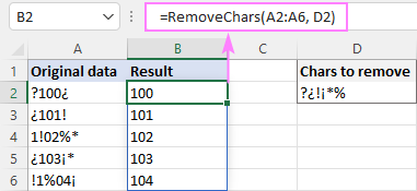 Dynamic array formula to remove unwanted characters