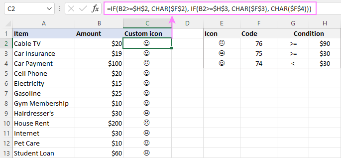 A custom icon set based on a formula