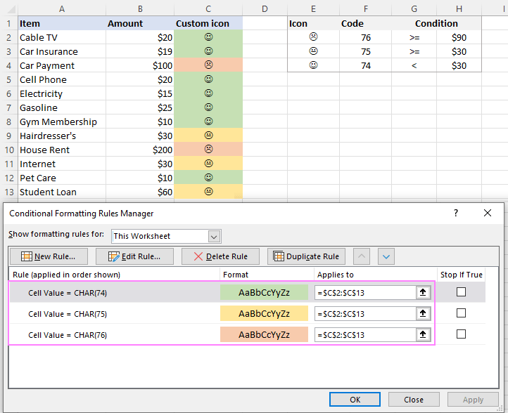 Custom icons in colored cells