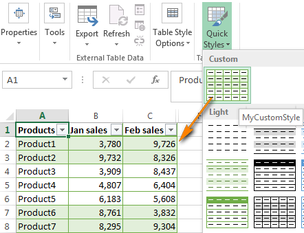 Your custom table styles are always available at the top of the gallery under Custom.