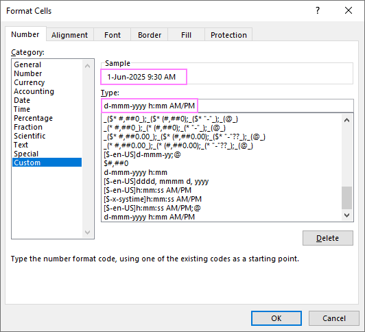 Create a custom time format in Excel.