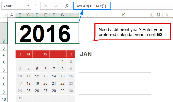 For your Excel calendar to always displays the current year, use this formula.