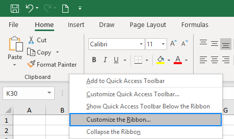 Customize ribbon in Excel.