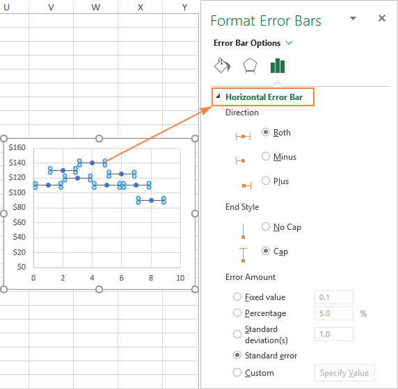 Customize horizontal error bars in Excel chart.