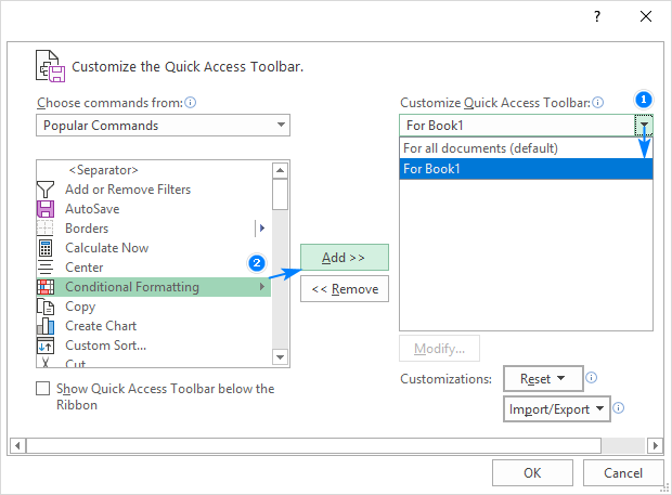 Customizing Quick Access Toolbar for the current workbook only