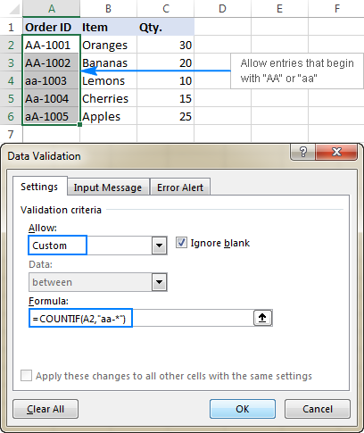 Data validation to allow text beginning with specific characters