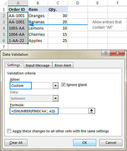 Data validation to allow entries containing certain text