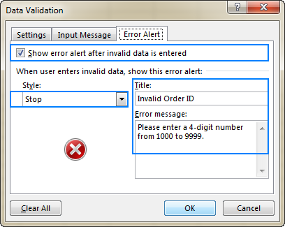 Setting up a data validation error alert