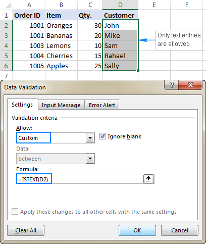 A custom data validation rule to allow text only