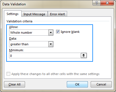 A validation rule that allows any whole number greater than 0