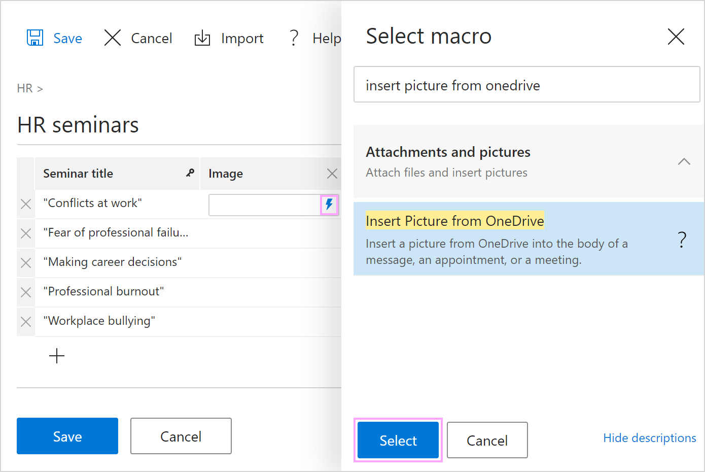 Inserting a macro into a dataset cell