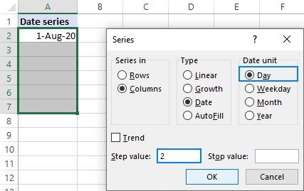 Fill a series of dates with a specific step.