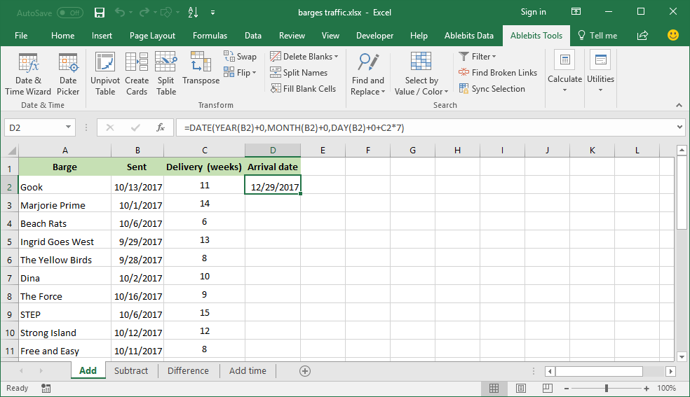 A formula to add a specified number of weeks to a date is built automatically