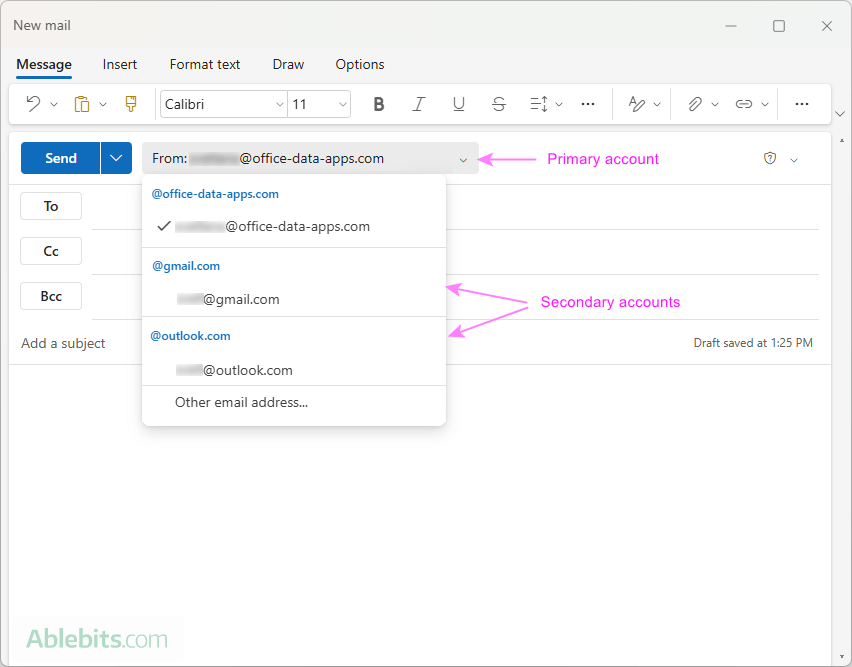 The primary account's email address is used as the default sender.