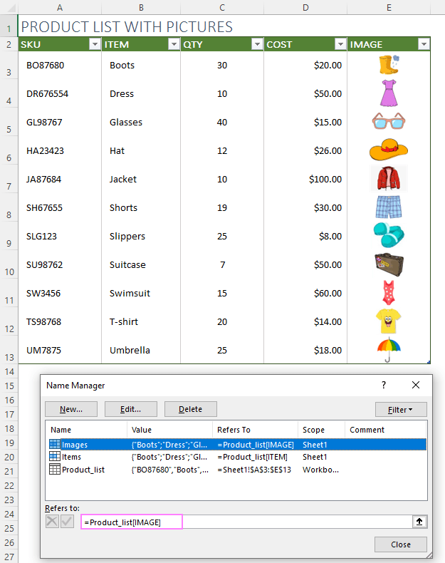 Define names for the table columns not including the headers.