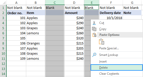 Deleting blank columns in Excel