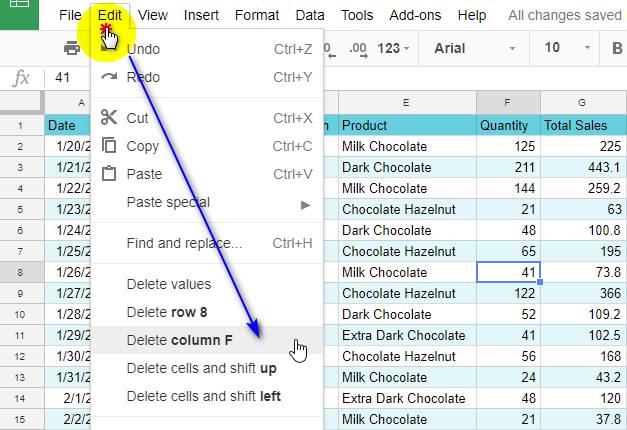 Delete a column from a spreadsheet using the main menu.