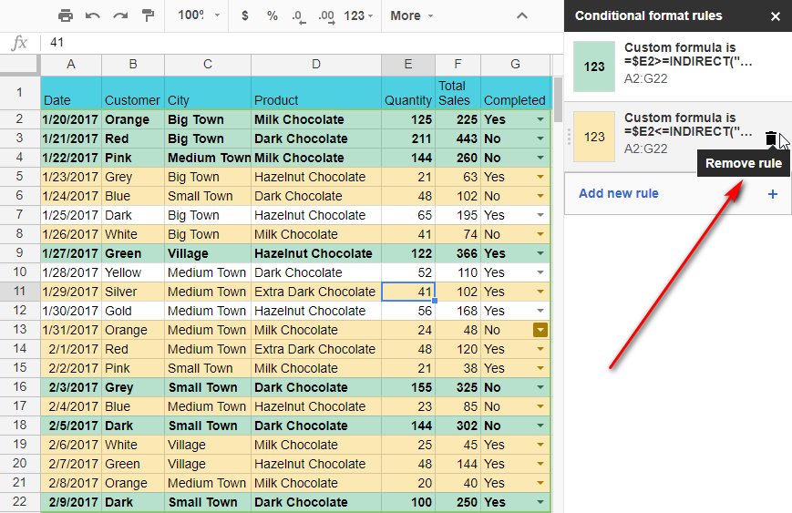 Delete conditional formatting rules from Google sheets