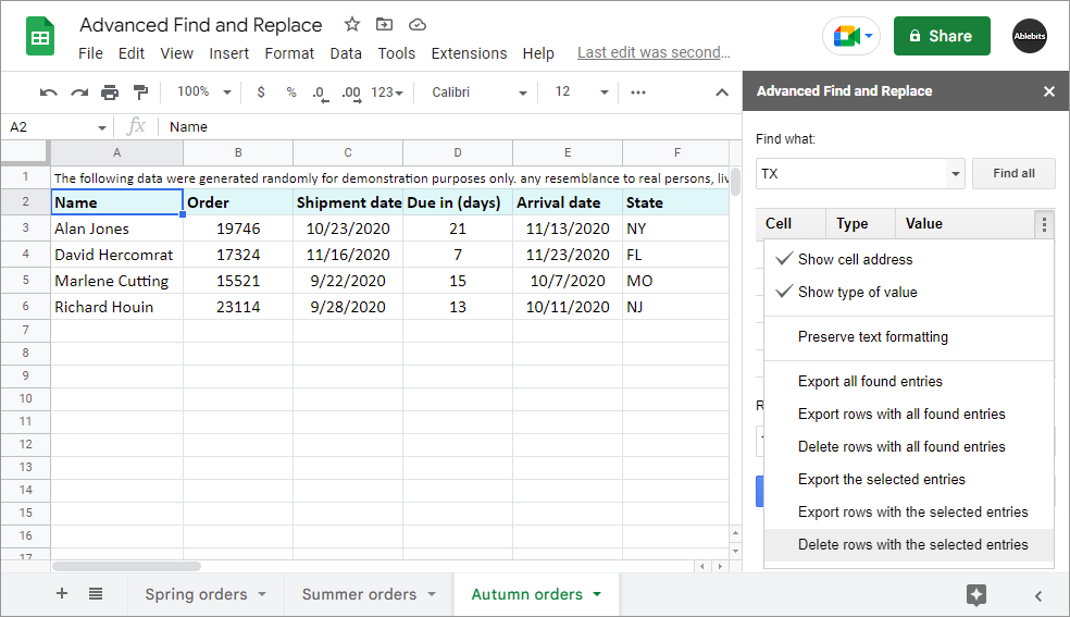 …or delete the rows with the found entries from the sheets completely