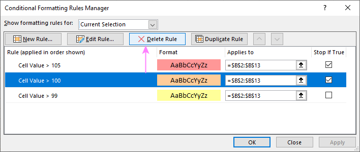 Delete a conditional formatting rule.