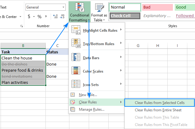 Deleting a strikethrough conditional formatting rule