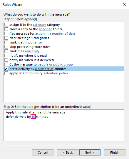 Defer delivery rule in Outlook