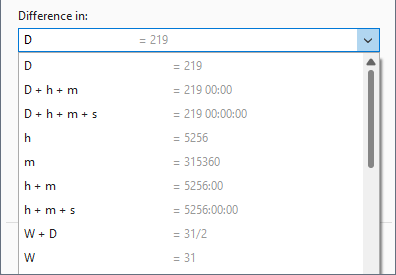 Select the units for calculating the difference between two dates in Excel.