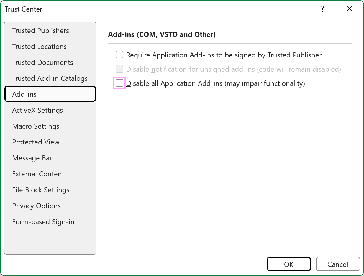 The Disable all Application Add-ins checkbox