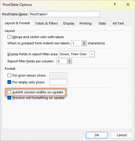 Disable autofit PivotTable column widths on update.