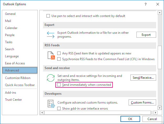 Disable immediate email sending in Outlook