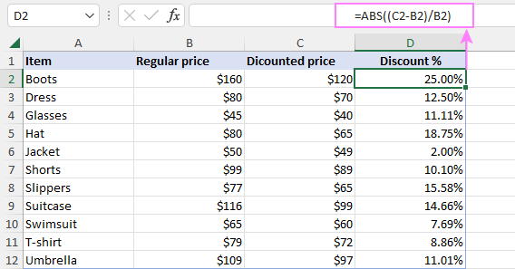 Formula to calculate discount percentage in Excel