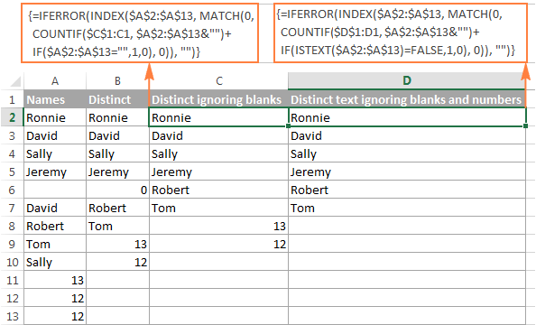 Formulas to extract distinct values ignoring blank cells and get distinct text values excluding numbers